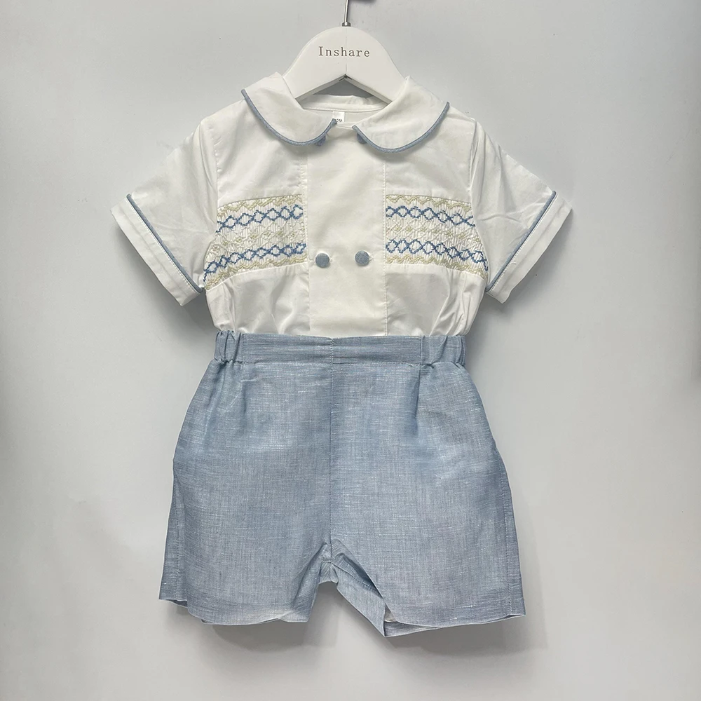 Children Boutique Clothing Boy Handmade Smocked Embroidered Set Blue Cotton Short Sleeves Siblings Outfit Christening Birthday