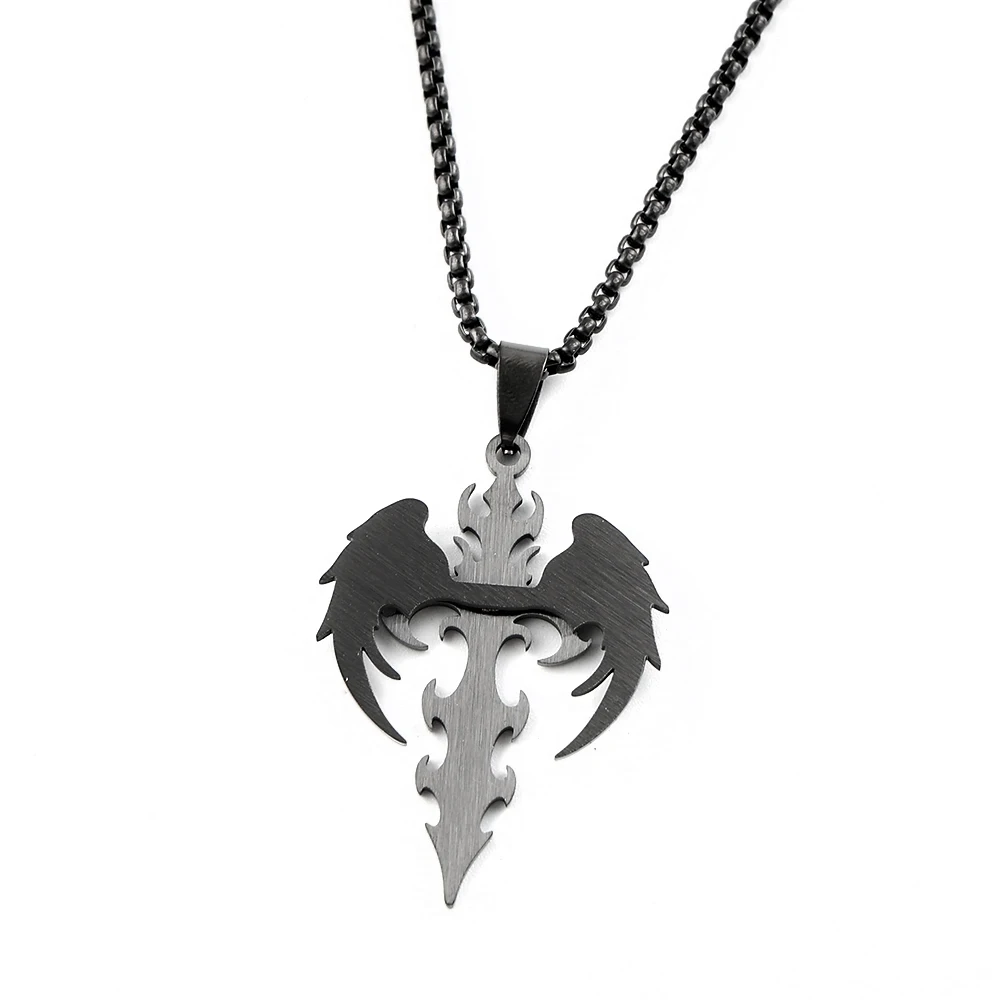 Gothic Punk Angle Wing Spiked Cross Pendant Necklace For Women Men Stainless Steel Black Color Hip Hop Chain Protection Jewelry