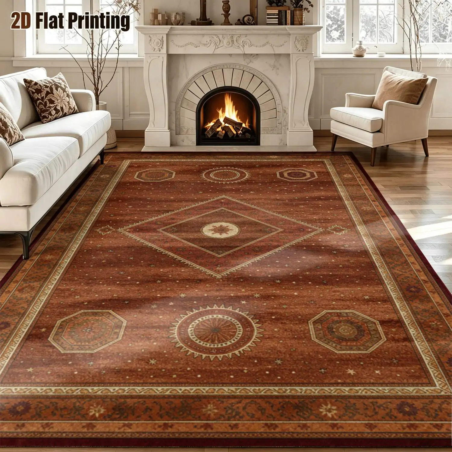 1Pc 2D Printed Retro Red-Brown Geometric Carpet: European, Bohemian Style, Home Decor, Multi-Size, Machine Washable, for Living Room, Bedroom, Dining Room, Entrance, Study