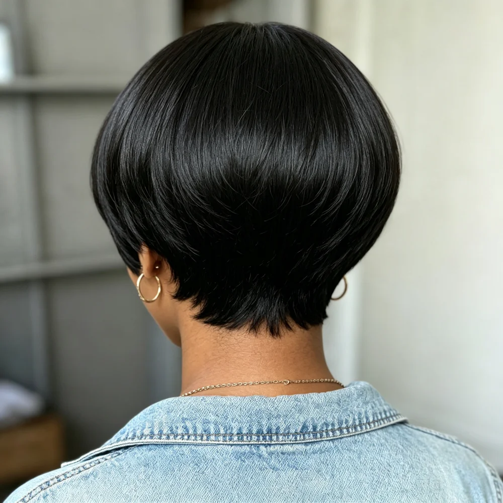 Full Machine Made Highlight Brown Short Pixie Human Hair Wigs for Women, Layered Side Bang Human Hair Short Bob Wig Daily Party