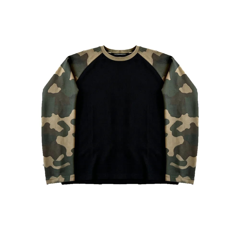 2026 New Camouflage Sleeve Black Waffle T-Shirt Men Hip Hop Streetwear Crew Neck Tops