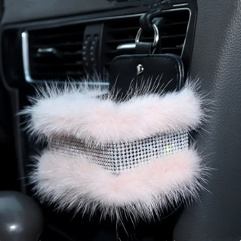 Lovely Car Air Vent Outlet Clip Storage Bag Furry Tickets Phone Organizer Pocket Holder with Crystals for Women Girl Gift