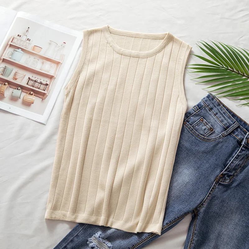 Koreańska dzianinowa kamizelka damska typu slim fit, okrągły dekolt, elastyczna, uniwersalna, bazowa bluzka, T-shirt, do pracy, elegancka, czysta...