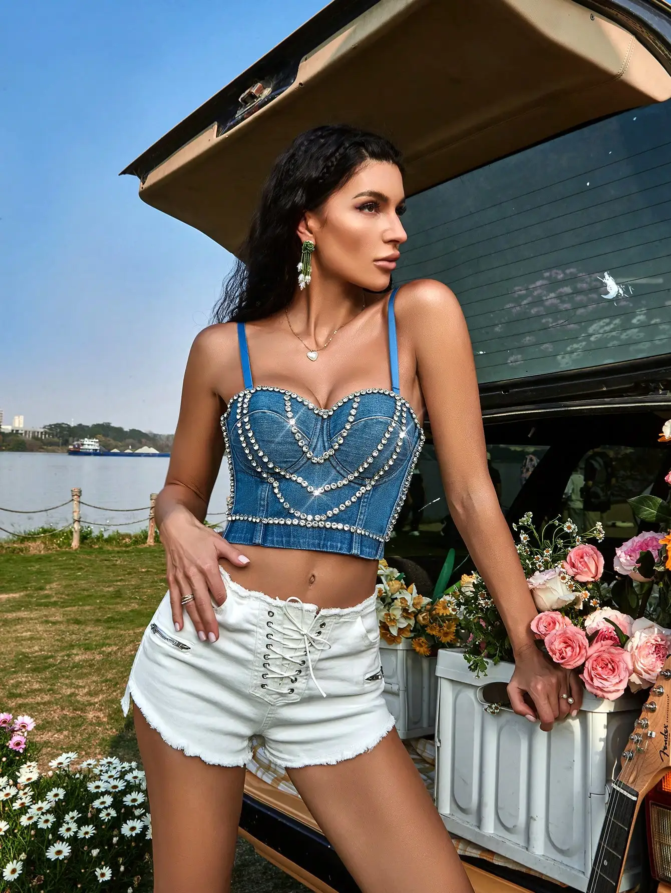 Apperloth A Fashion stud diamond heart pattern cowboy suspenders