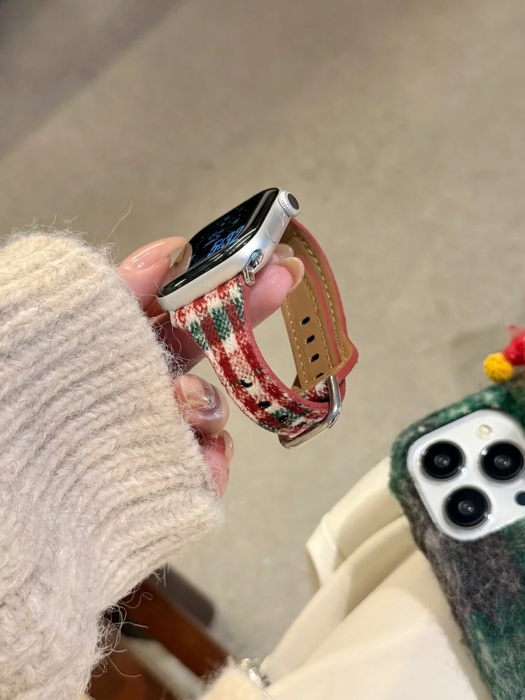 Retro Woolen Leather Band For iWatch Ultra 11 10 9 8 7 6 5 Se 4 Christmas Strap For Apple Watch 40mm 41mm 42mm 44 45mm 46mm 49mm