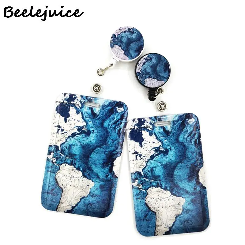 Blue World Map Fashion Women Card Holder Lanyard Colorful Retractable Badge Reel Nurse Doctor Student ID Card Clips Badge Holder