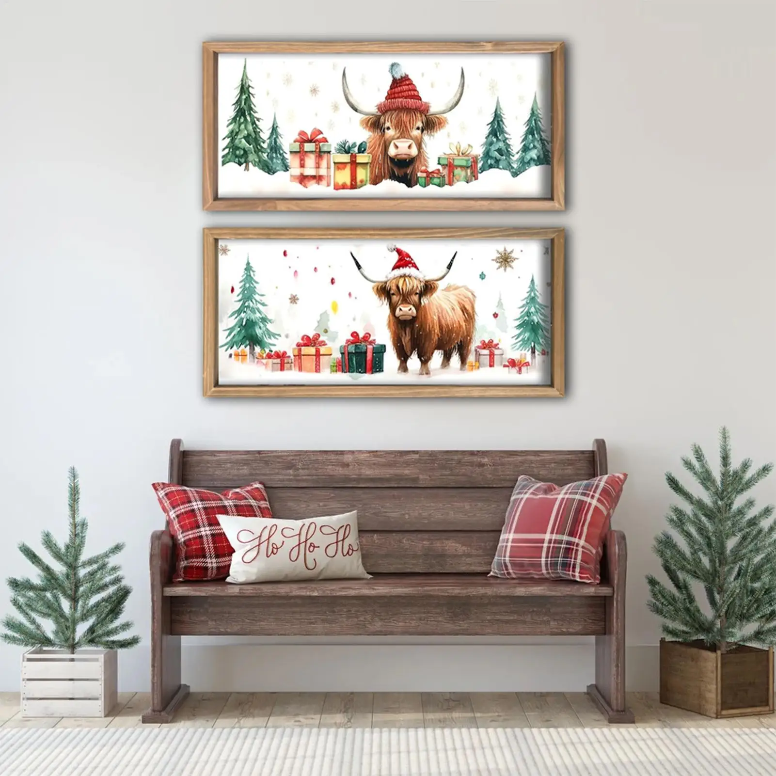 

2 шт., рождественская картина горной коровы, украшение на стену фермерского дома, деревенский деревянный принт, корова, художественный настенный декор, рождественское украшение
