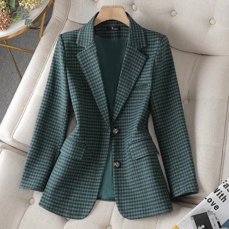 Chaqueta a cuadros Vintage para mujer, traje informal, abrigo de un solo pecho, Blazer de oficina, ropa de abrigo para mujer, primavera y otoño