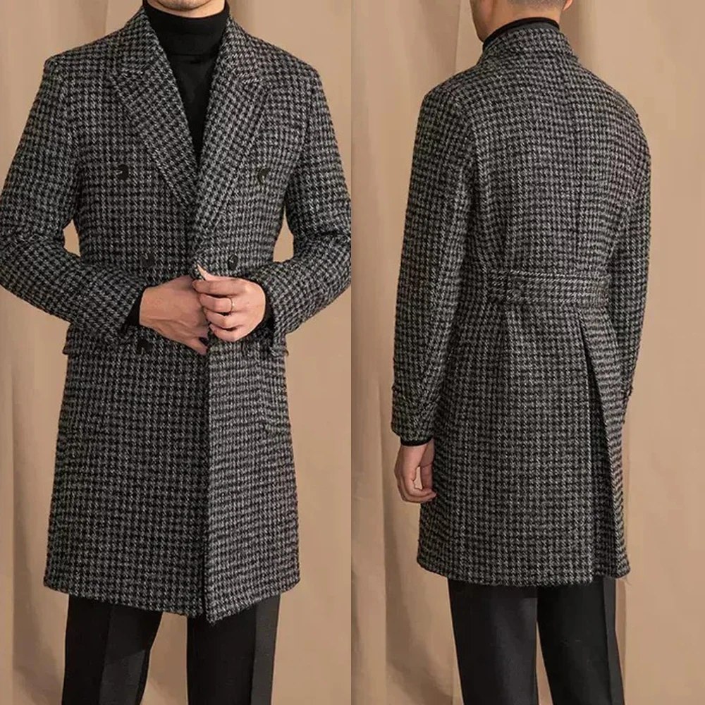 Fashion Line Checked Daily Overcoat Peaked Lapel Double Breasted Back Belt Slim Fit Men Casual Coat Customized Office Wear 1PCS