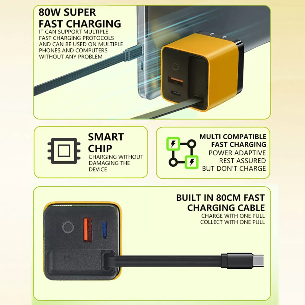 GaN شحن سريع 80 واط ماكس USB نوع C شاحن 3 في 1 شحن سريع قابل للسحب الهاتف الجدار محول القابس لشحن أجهزة الكمبيوتر المحمولة آيفون #5