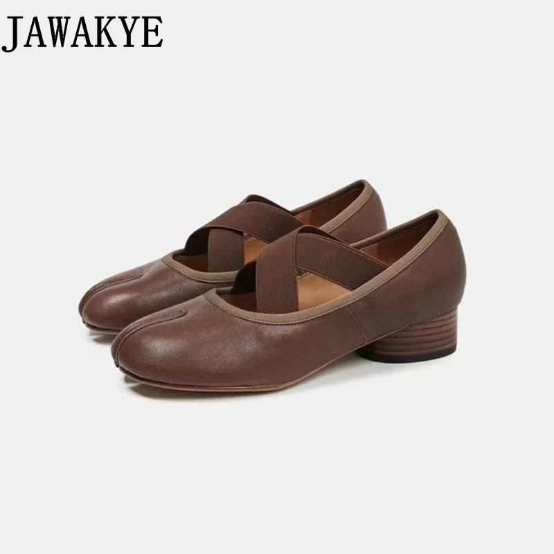 

Genuine Leather Split Toe Mary Janes Women's Cross Elastic Band Split Toe Tabi Shoes Round High Pumps Vintage Ballet Shoes