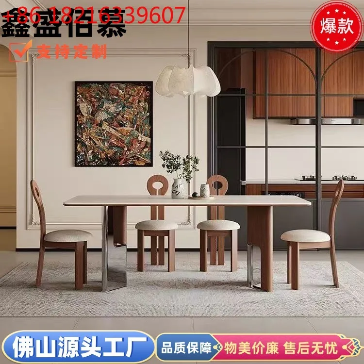 

Medieval style solid wood travertine rock slab dining table high-end home restaurant rectangular Chinese stainless steel