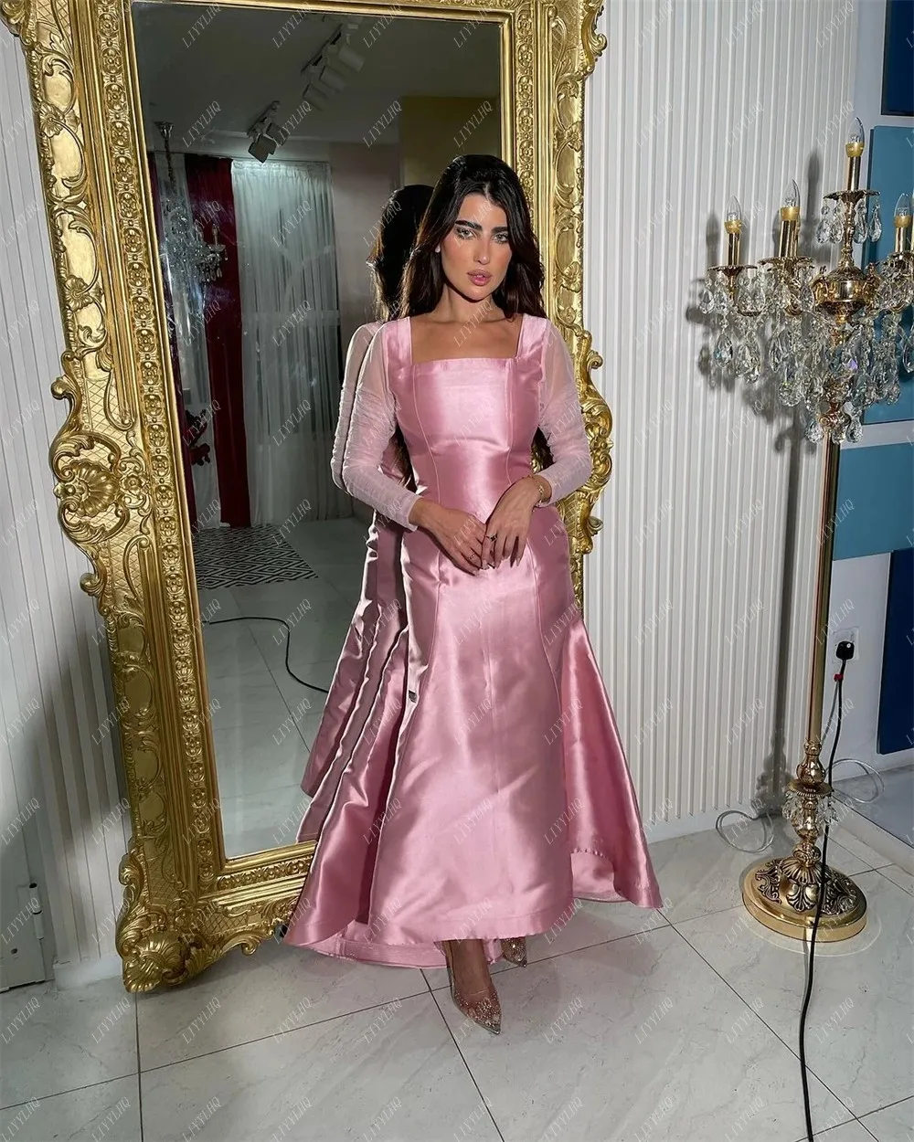 LIYYLHQ In Dubai Elegant Long Sleeves Pink Prom Dresses High Low Square Collar Formal Evening Party Gowns For Women 2024