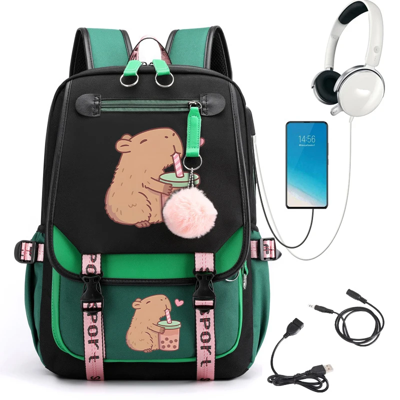 Mochila escolar para adolescentes, mochila escolar Kawaii Capybara Bpba para té, mochila para niñas y niños, mochila para adolescentes, mochila con carga Usb