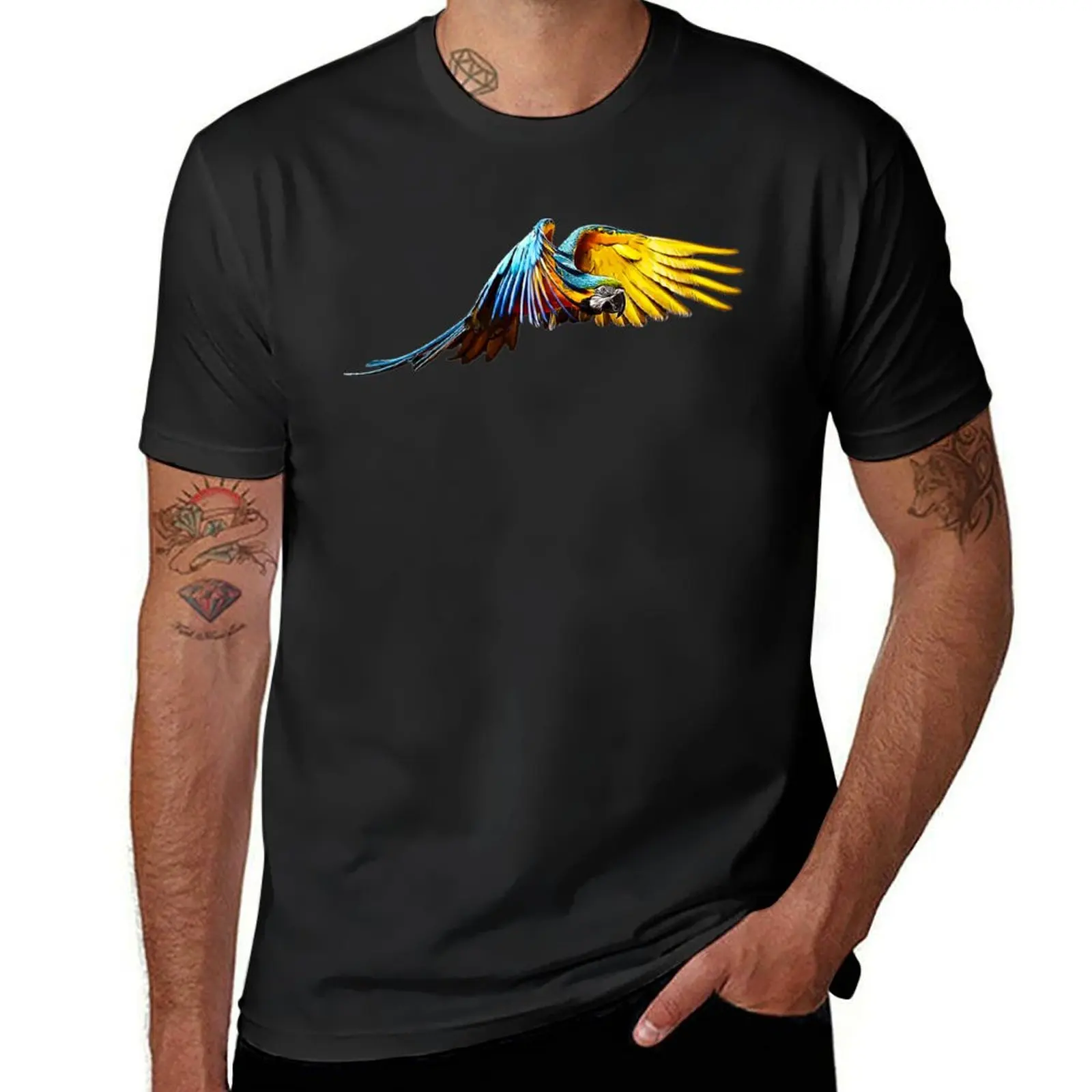 

Blue and Gold Macaw Flying T-Shirt Louboutins custom t-shirts plus size clothes Aesthetic clothing oversized t shirt men