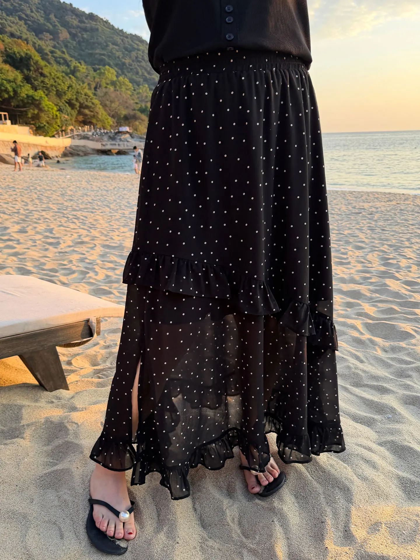 

Юбка миди из шифона в горошек больших размеров с разрезом, с завышенной талией, скрывающая бедра, А-силуэт, в корейском стиле, летняя, для повседневной носки