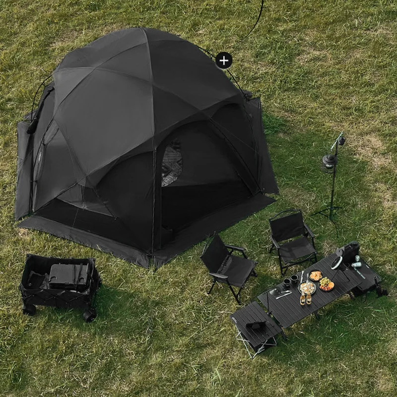 Semi-self-supporting spherical tent outdoor portable rainproof thickened spherical tent large blackened commander dome tent