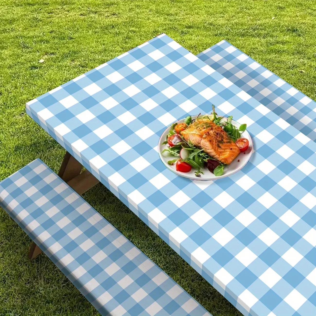 3pcs Picnic Table and Chair Cover Set, Camper and Tent Design - Durable Table and Chair Covers, Elastic Edge Tablecloth Cover