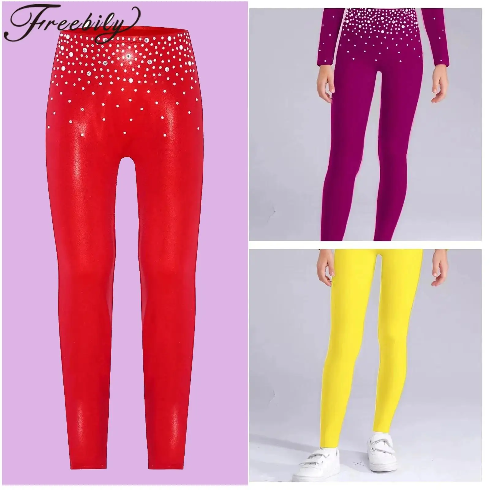 

for Dancing Girls Ballet Leggings Metallic Yoga Dance Pants Exercise Gymnastics Rhinestones Leggings Kids Figure Skating Costume