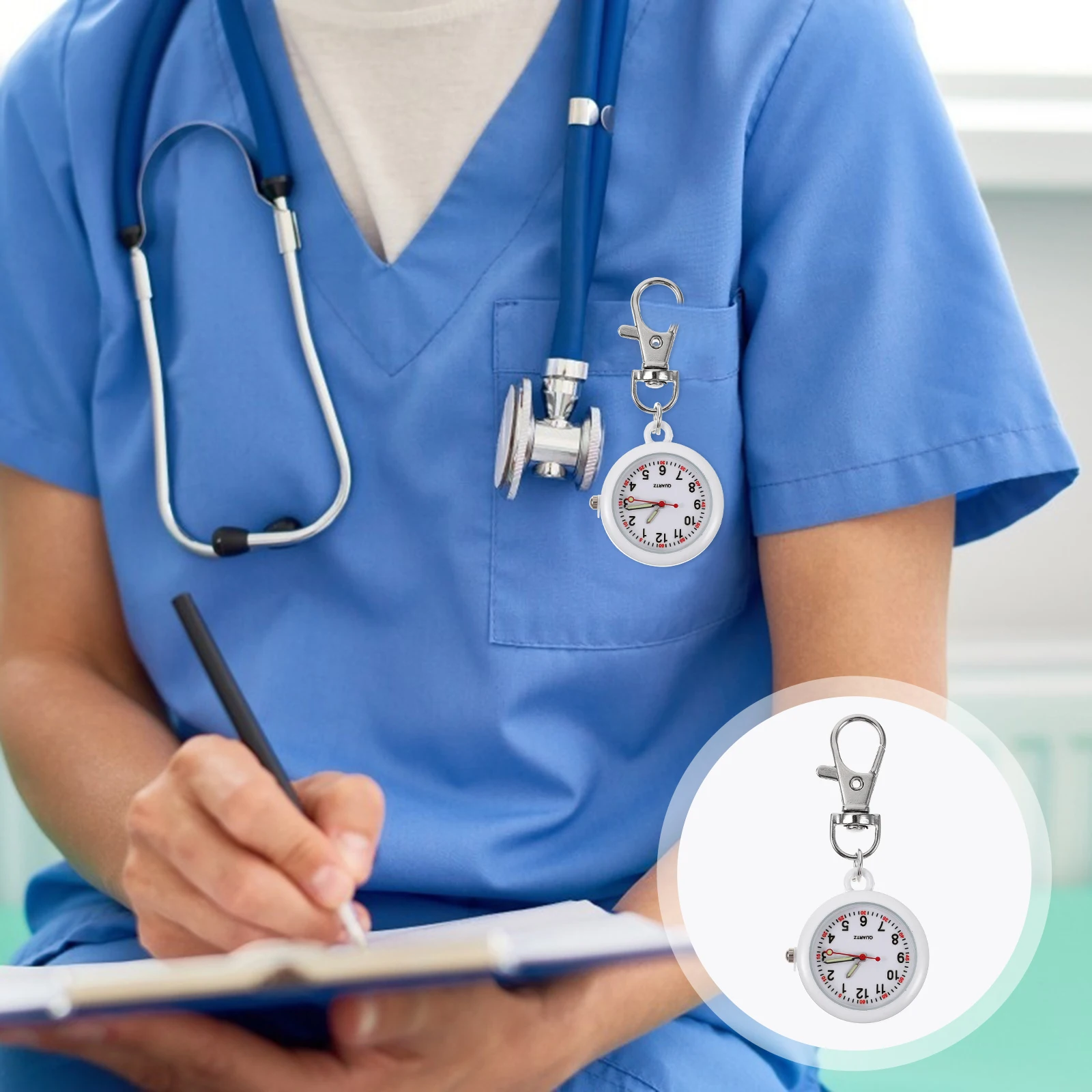 

Nurse Watch Clip-On Pocket Watches for Students White Color Durable Stainless Steel Long Chain Key Ring Portable Gift Medical