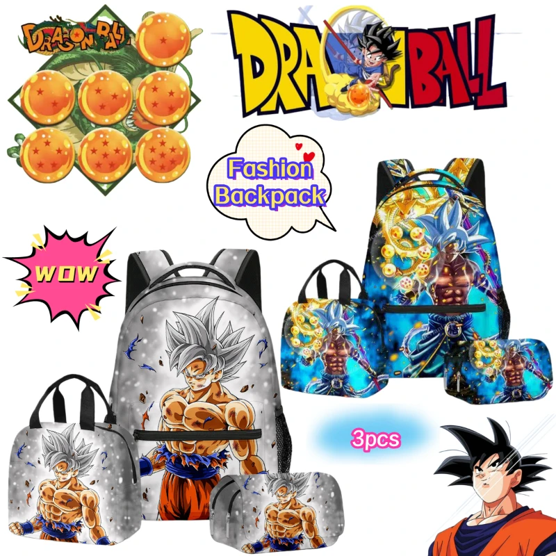 Nueva mochila creativa de dibujos animados de Dragon Ball Son Goku Vegeta, mochila escolar para estudiantes, estuche para lápices, lonchera, práctico juego de tres piezas