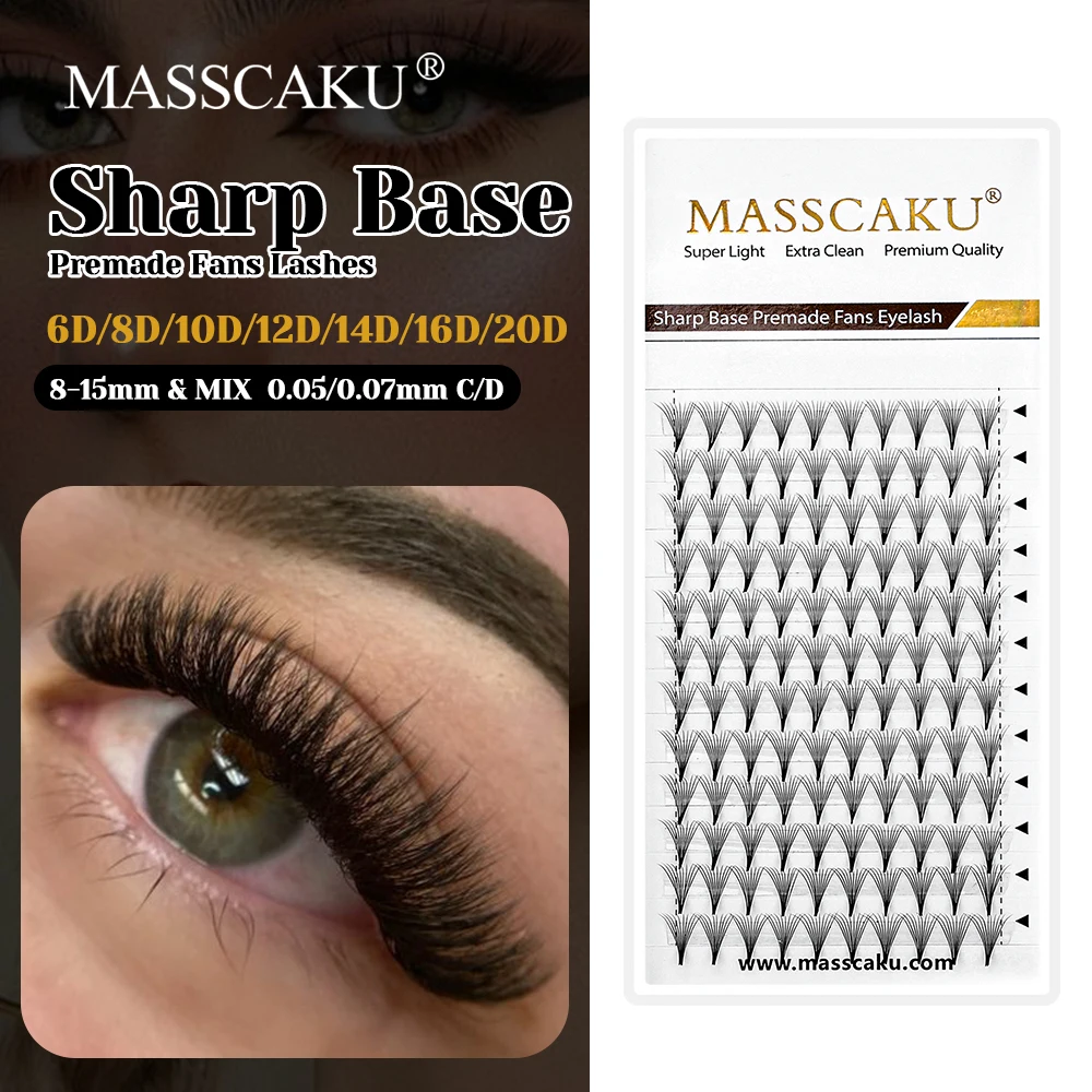 

New Arrival MASSCAKU C D Curl Korea PBT Fiber Sharp Narrow Stem Eyelash Handmade Premade Fans Lashes without Scattering Roots