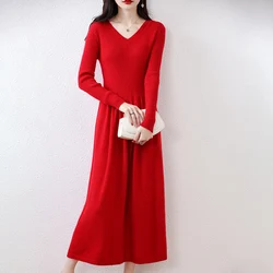 Women Dress Longer 100% Wool Knitted Jumpers 2023 New Fashion Winter V-neck Dresses Female Mid-calf  Cashmere Pullovers