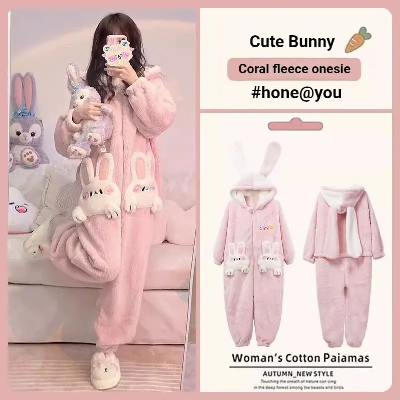 Women Cute Bunny Onesie Pajamas Winter Coral Fleece Fluffy Hooded One Piece Sleepwear 3D Rabbit Pocket Cartoon Homewear Jumpsuit