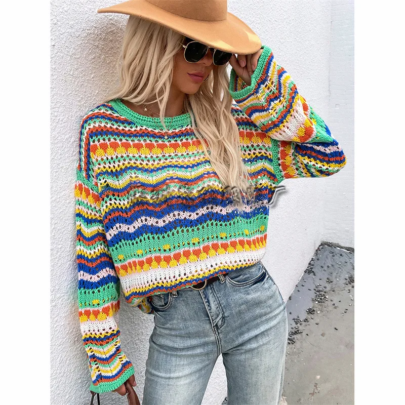 Herfst Vintage Ronde Hals Gebreide Trui Vrouwen Bohemian Lange Mouwen Gehaakte Gebreide Pullover Tops Gestreepte Casual Dames Truien