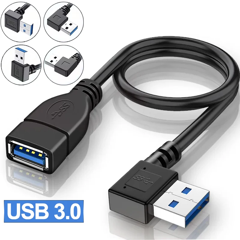 Cable de extensión USB 3,0, cable extensor de codo de 90 grados macho a hembra, adaptador convertidor de extensión de supervelocidad de 5Gbps para PC y TV