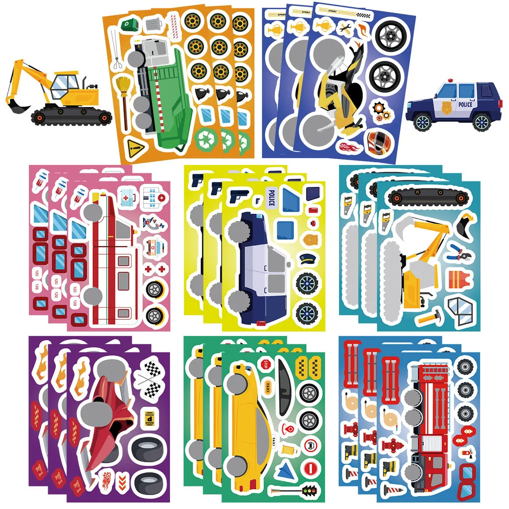 8-Style Cartoon Construction Vehicle Make a Face Stickers - DIY Decor for Journals, Cards & Phone Cases（ Anime Worlds Store）