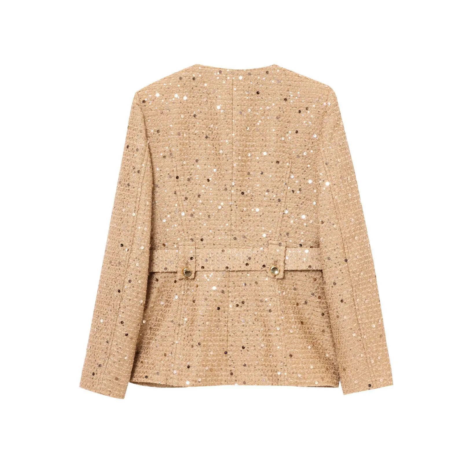 High Street damesbomberjack met pailletten en riem Mode ChicTurn-down kraag Lange mouw Damesjas met enkele rij knopen