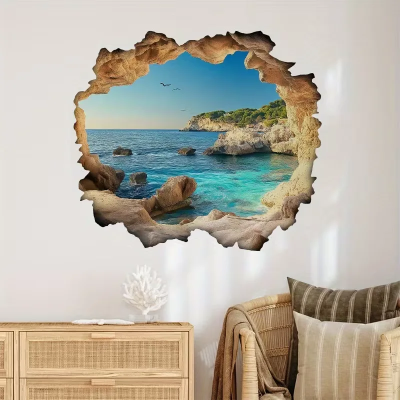 Sunny Wall Hole Art Sea View Vinyl Mural Stickers for Living Room Bedroom Porch Fresh Home Decoration Coastal Scenery Wallpaper