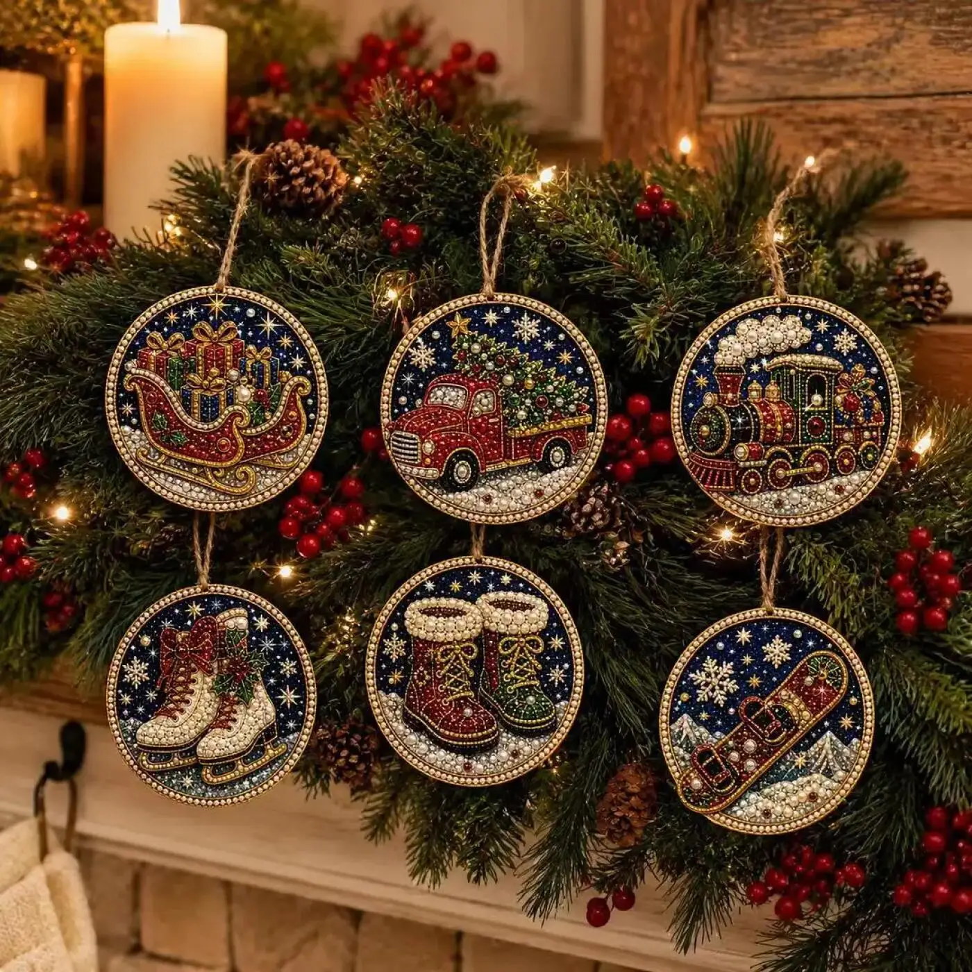 6Piece Christmas Pearl Diamond Art Painting Kit Wooden Handmade DIY Christmas Tree Decoration Pendant Home Ornaments Adult Gifts