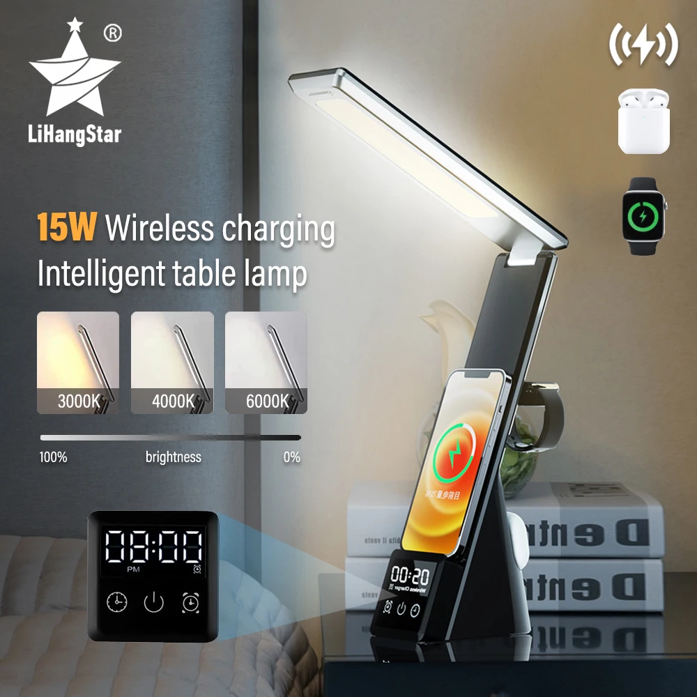 

LED Reading Table Lamp with 15W Wireless Charger with Clock Touch Control Dimmable Folding Table Lamp for Home Office Learning