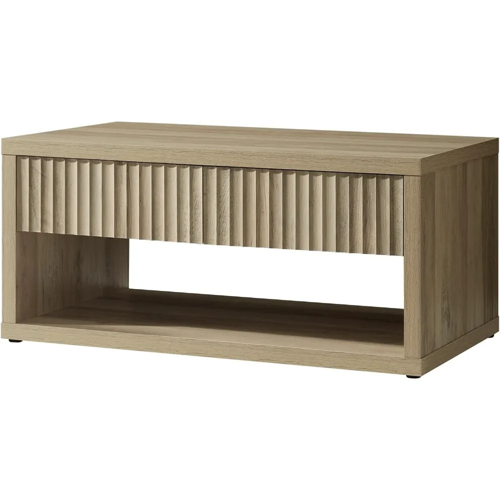 Coffee Table, Fluted Coffee Table with 4 Storage Drawers, Wood Coffee Table with Open Compartment