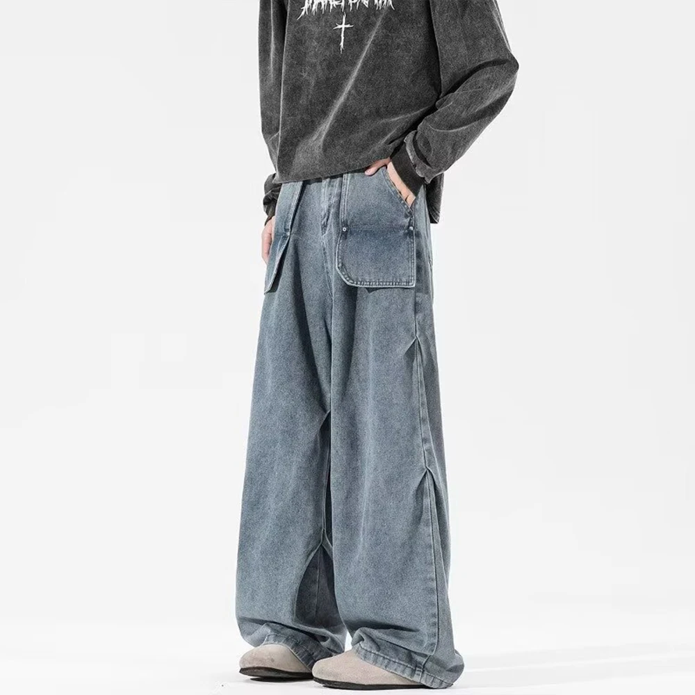 

Spring And Summer New Men's Solid Color Washed Jeans Retro American Fashion Trend Street Hip-Hop Casual Simple Loose Men Bottoms