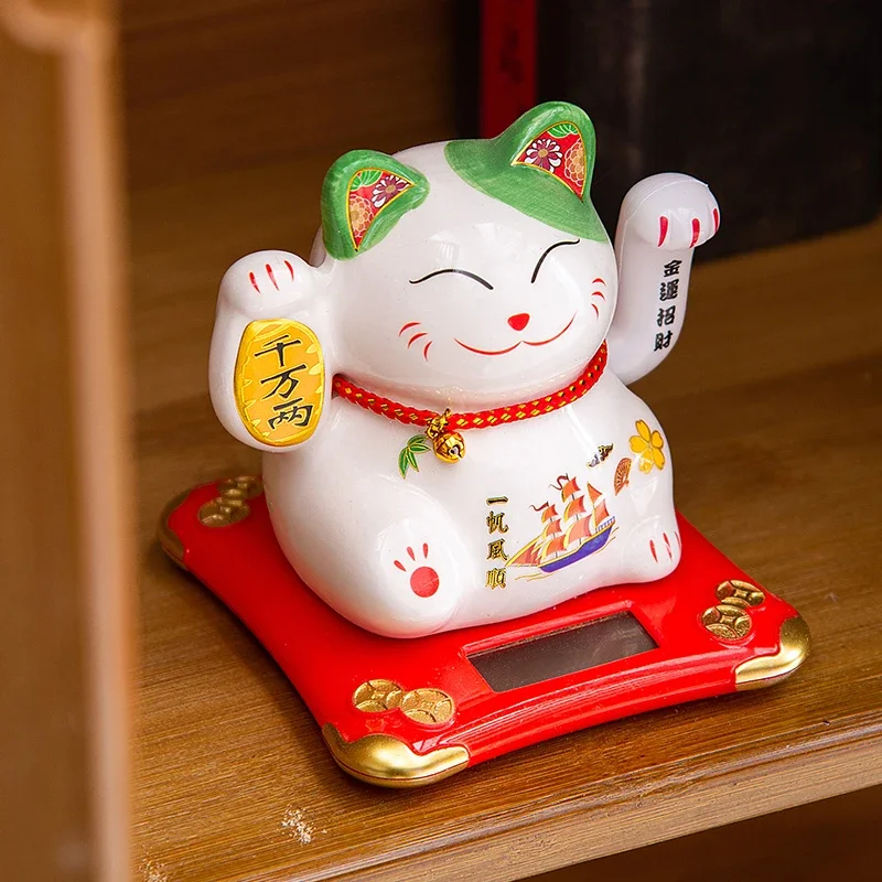 4.5 Inch Ceramic Beckoning Lucky Cat Solar Powered Fortune Cat Waving Arm Maneki Neko Gift Box Home Decoration Zen Centerpiece