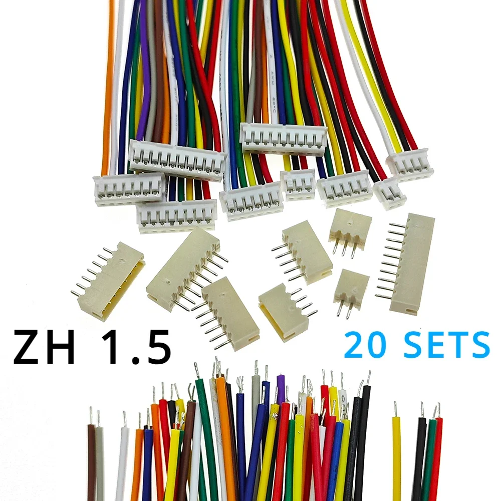 20Sets Mini Micro ZH 1.5mm JST Connector 2/3/4/5/6/7/8/9/10 Pin with 100mm Length Wire Cables Male Female Plug