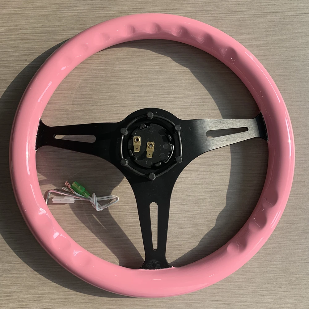 14inch 350mm Pink Solid Wood Steering Wheel With Skull Graffiti   Vintage Racing Modification Car Steering Wheel