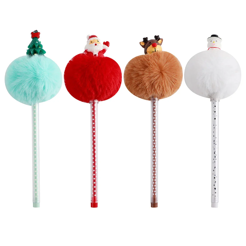 

4 Pcs Cartoon Christmas Fur Ball Ballpoint Pen Universal Gel Teachers Pens Girl Sign Plastic Prize Gifts Student