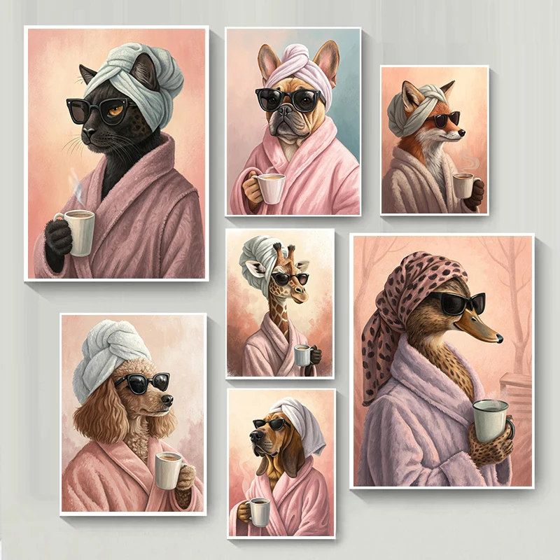 Funny Animals in a Bathrobe Posters French Bulldog Giraffe Panther Modern Prints Canvas Wall Art Picture Home Living Room Dec