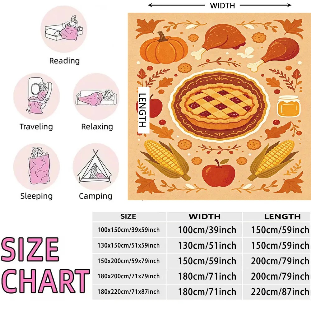 1pc Thanksgiving Food Illustration Flannel Throw Blanket, Soft Cozy Blanket For Sofa Lounging Office Nap Break, Pretty Holida