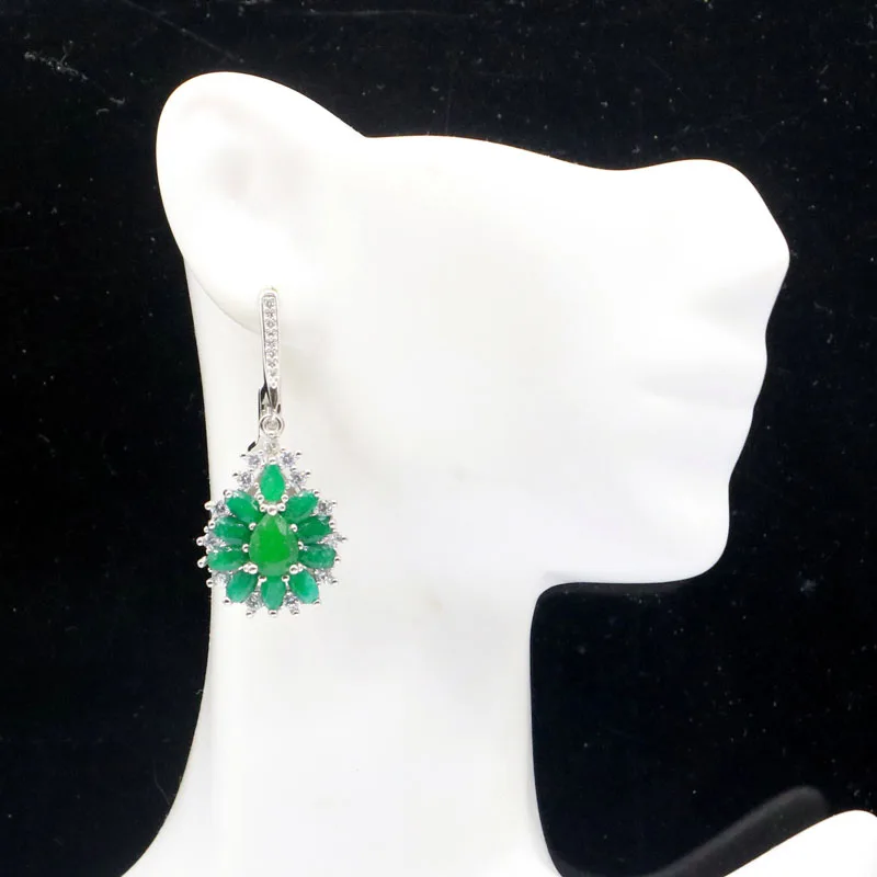 40x18mm Jazaz 9.8g Real Green Emerald Blue Sapphire White CZ Women Wedding 925 Solid Sterling Silver Earrings