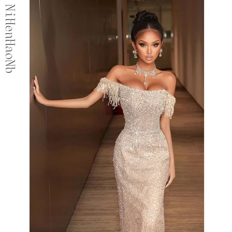 Customized Evening Dress Female Sequined Banquet Host Prom Dresses Temperament Luxury Slim Waist Fishtail Wedding Dress