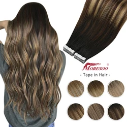 Moresoo-Cinta en extensiones de cabello Natural Remy, 20 piezas de cabello humano liso de 14-24 pulgadas, adhesivo Invisible, cinta de trama de piel de PU aplique extensiones de cabello natural humano