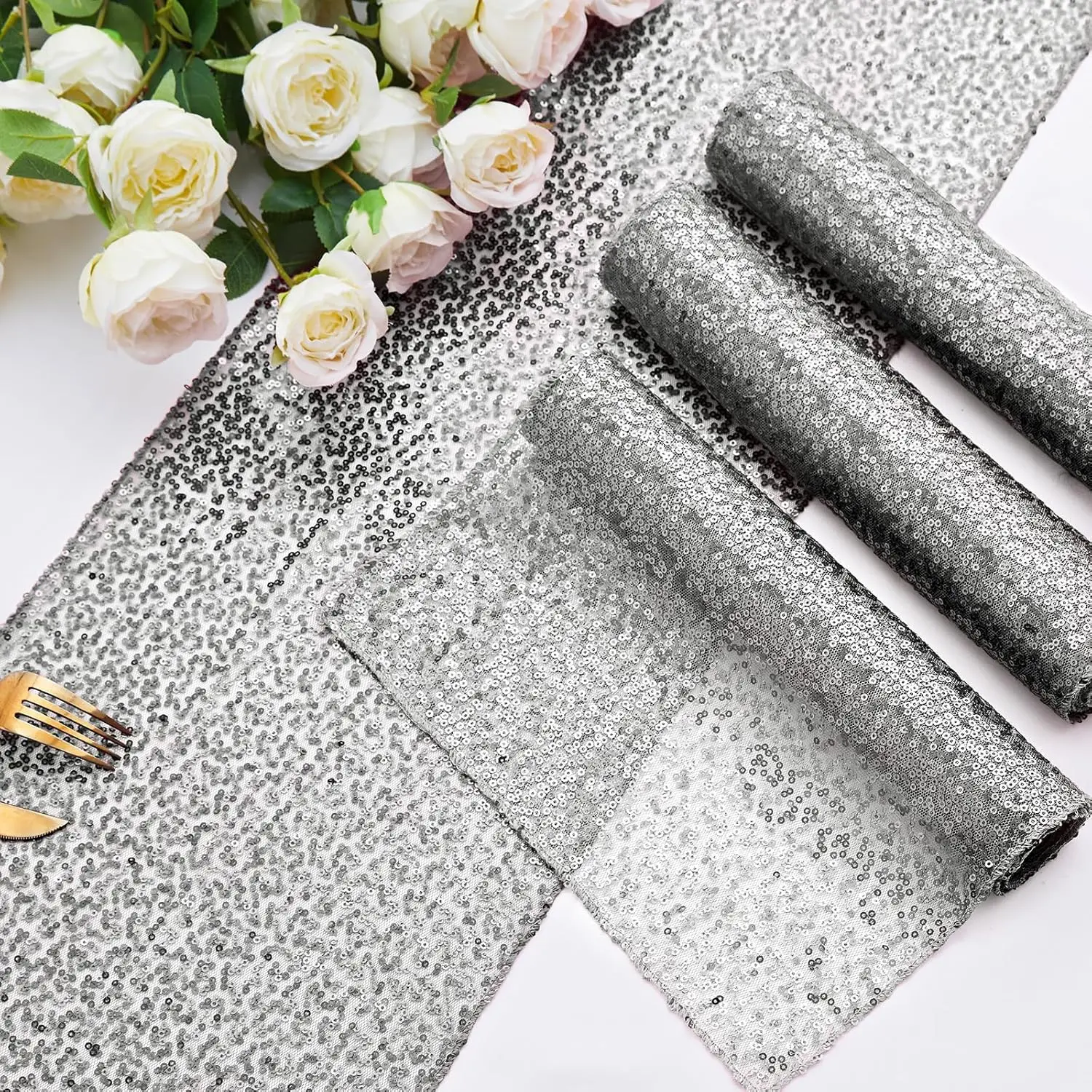 12 Packs Silver Sequin Table Runners 12 x 72 Inch Glitter Dining Table Runner Sparkle