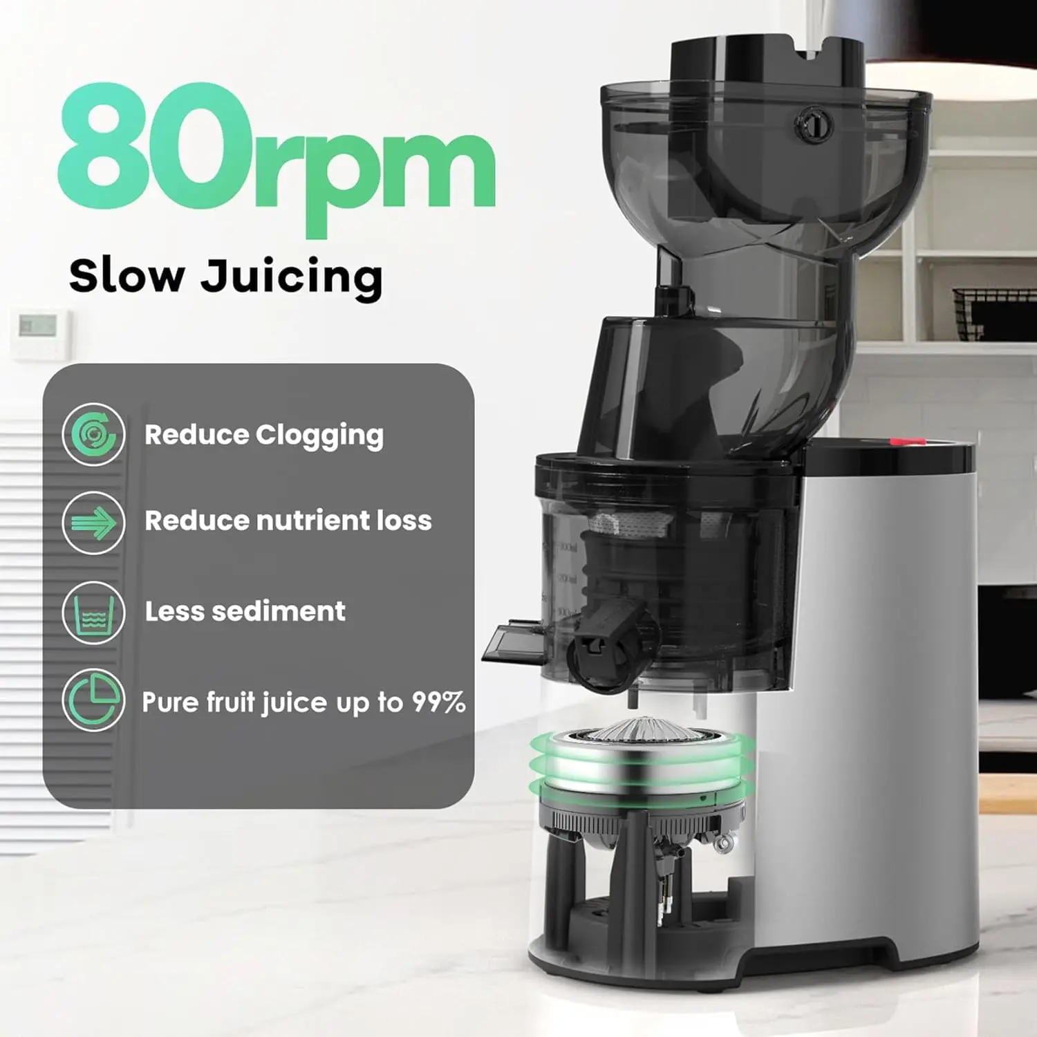 Masticating Juicer Machines, 4.1-inch(104mm) Powerful Slow Cold Press Juicer with Large Feed Chute,Easy to Clean with Brush