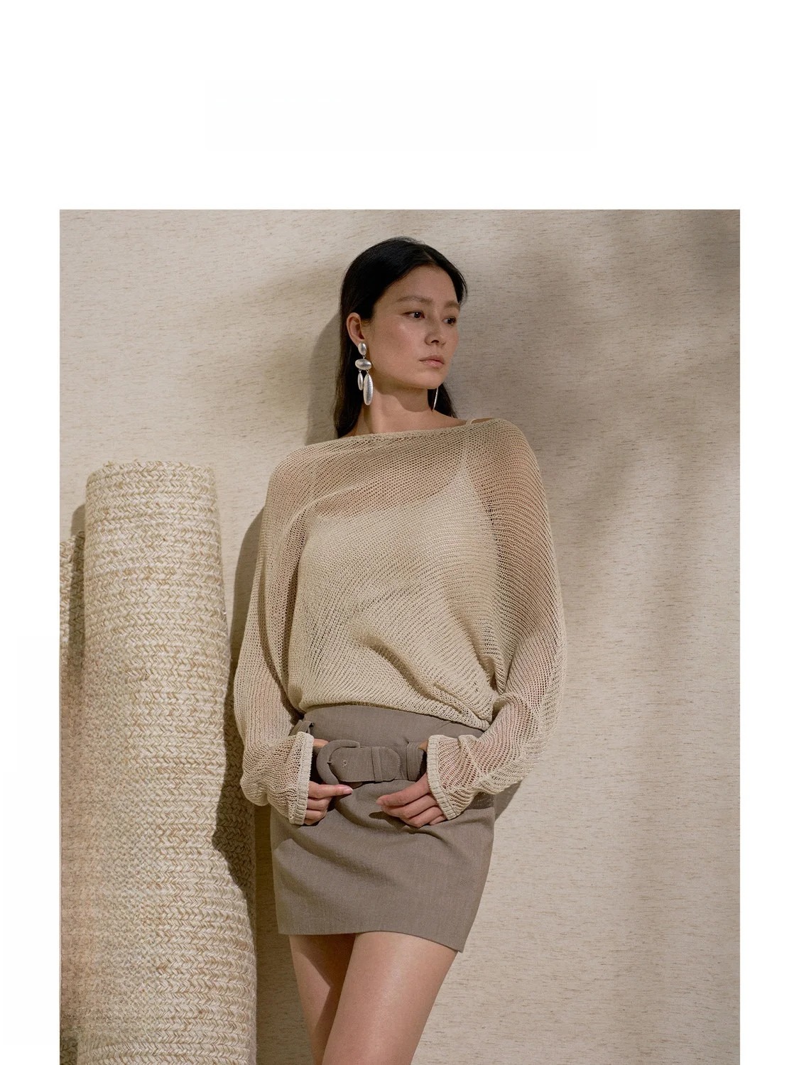 

ZhiZhi TianXiang Slow Loose Fit Knitted Long Sleeve Hollow out One Shoulder Women's Top Summer New Style Soft Cotton Blend