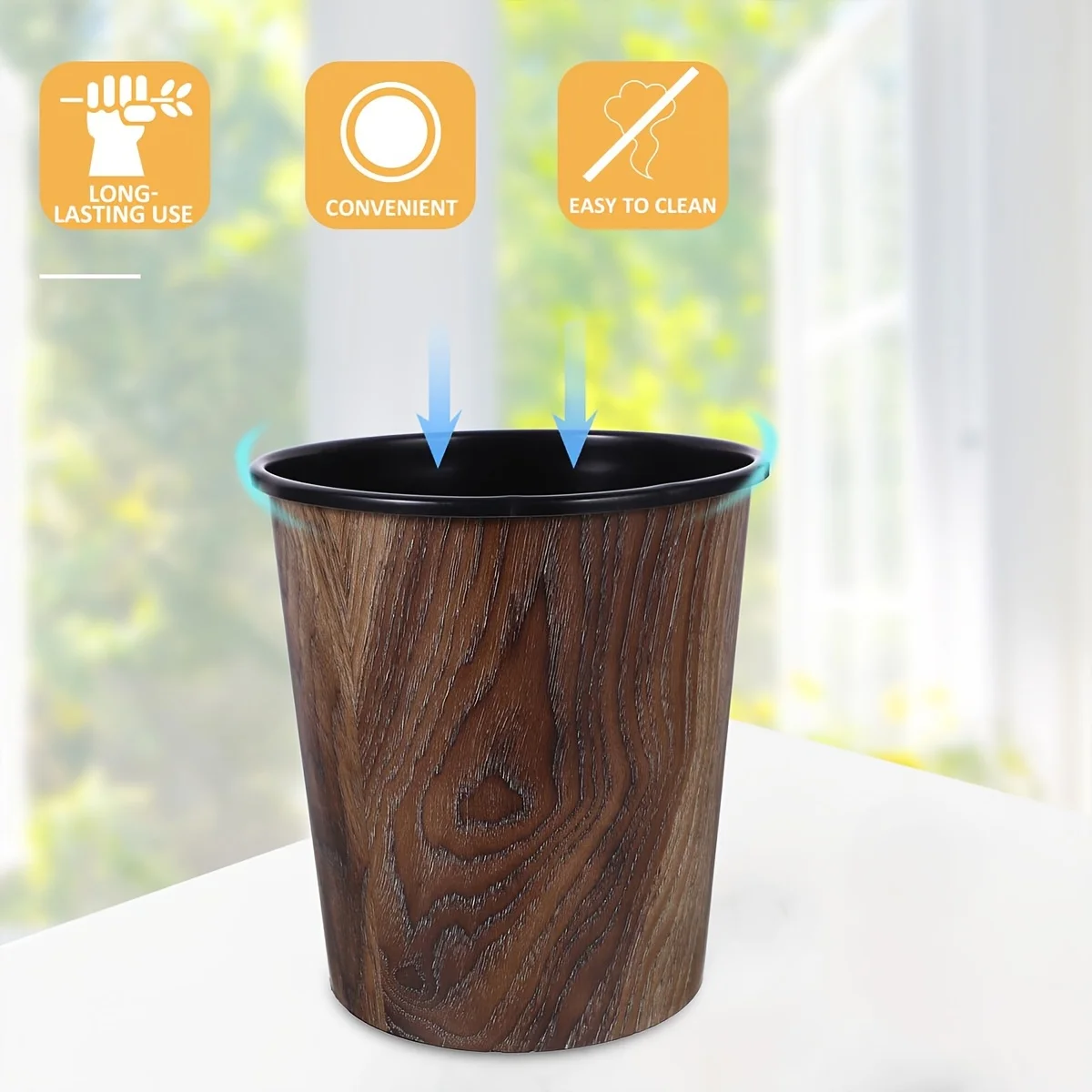 7L Open-Top Round Trash Can, Retro Wood Grain Bin for Kitchen Bedroom Farmhouse Hotel Kids Room